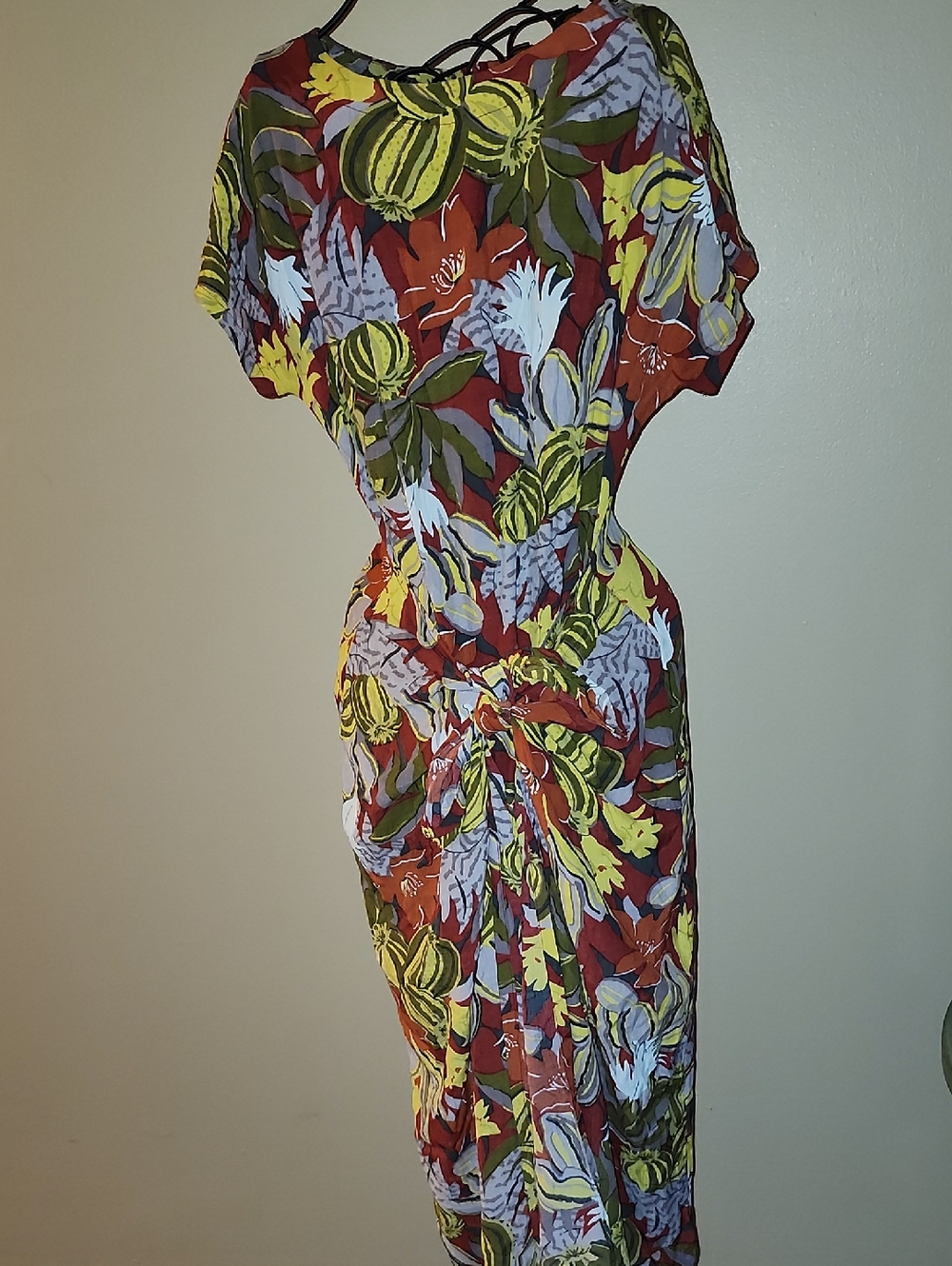 Tropical Floral Knot-Front Midi Dress in Rust & Yellow